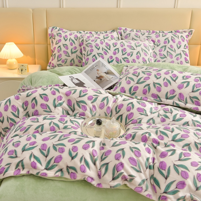 91家纺网 家纺一手货源 找家纺 畅畅家纺 2025新款亲肤舒适冬季保暖8斤重牛奶绒6D雕花绒床单四件套 郁金香