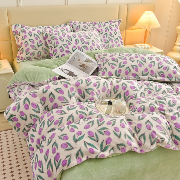 91家纺网 家纺一手货源 找家纺 畅畅家纺 2025新款亲肤舒适冬季保暖8斤重牛奶绒6D雕花绒床单四件套 郁金香