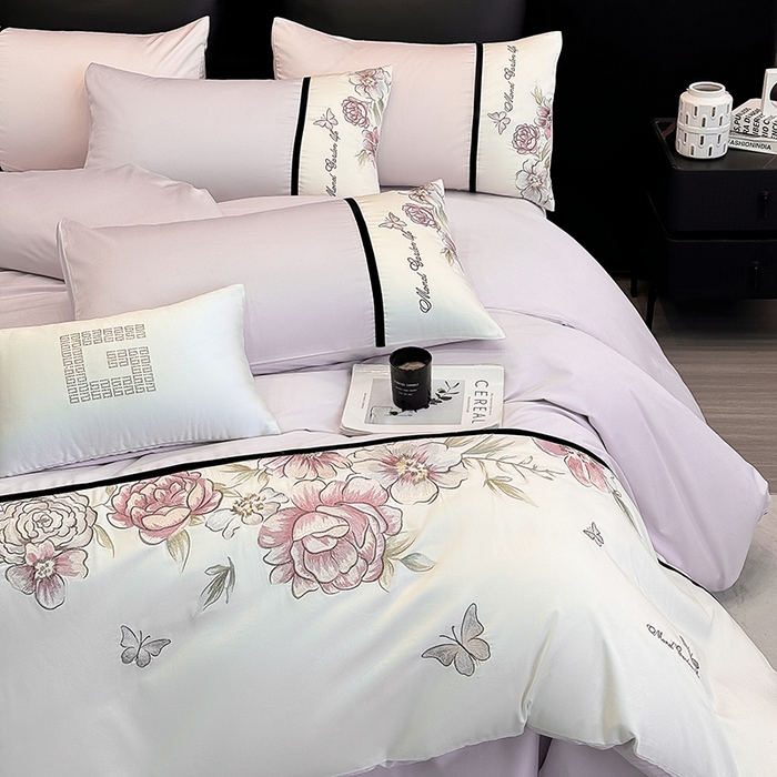 91家纺网 家纺一手货源 找家纺 优悦生活馆 2025新款亲肤新疆长绒棉四件套-花团锦簇风格二 花团锦簇-流沙紫