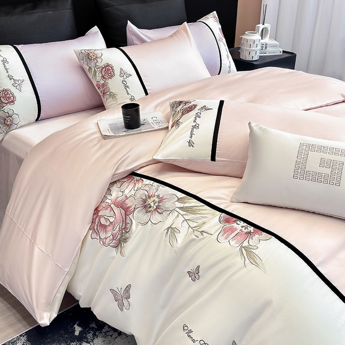 91家纺网 家纺一手货源 找家纺 优悦生活馆 2025新款亲肤新疆长绒棉四件套-花团锦簇风格二 花团锦簇-蜜糖粉