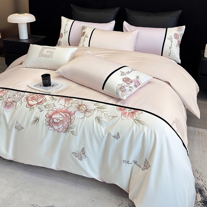 91家纺网 家纺一手货源 找家纺 优悦生活馆 2025新款亲肤新疆长绒棉四件套-花团锦簇风格二 花团锦簇-蜜糖粉