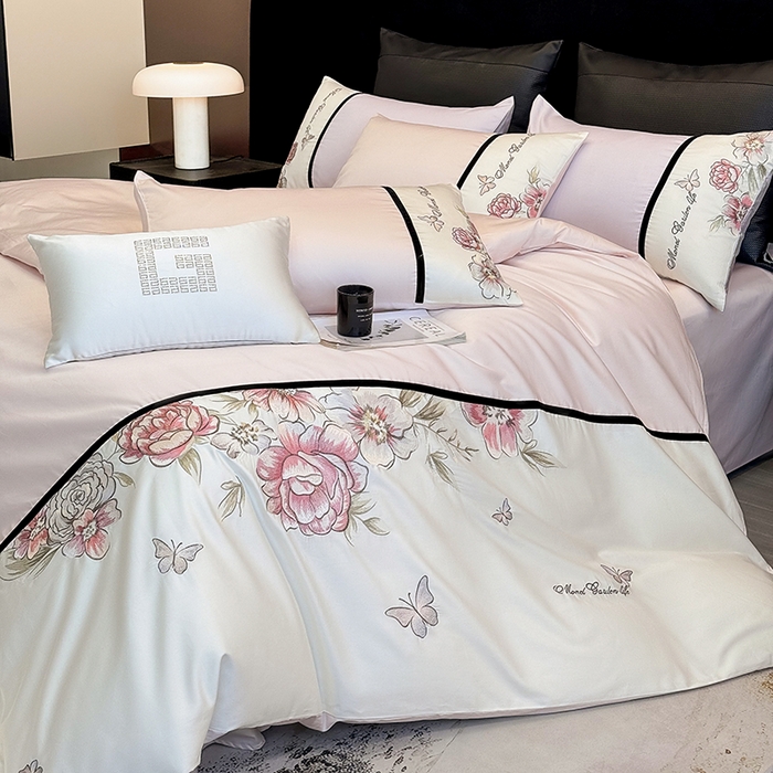 91家纺网 家纺一手货源 找家纺 优悦生活馆 2025新款亲肤新疆长绒棉四件套-花团锦簇风格二 花团锦簇-蜜糖粉