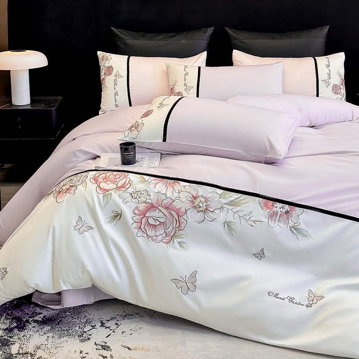 91家纺网 家纺一手货源 找家纺 优悦生活馆 2025新款亲肤新疆长绒棉四件套-花团锦簇风格二 花团锦簇-流沙紫