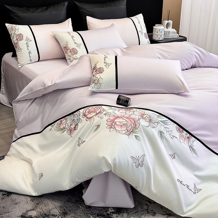 91家纺网 家纺一手货源 找家纺 优悦生活馆 2025新款亲肤新疆长绒棉四件套-花团锦簇风格二 花团锦簇-流沙紫