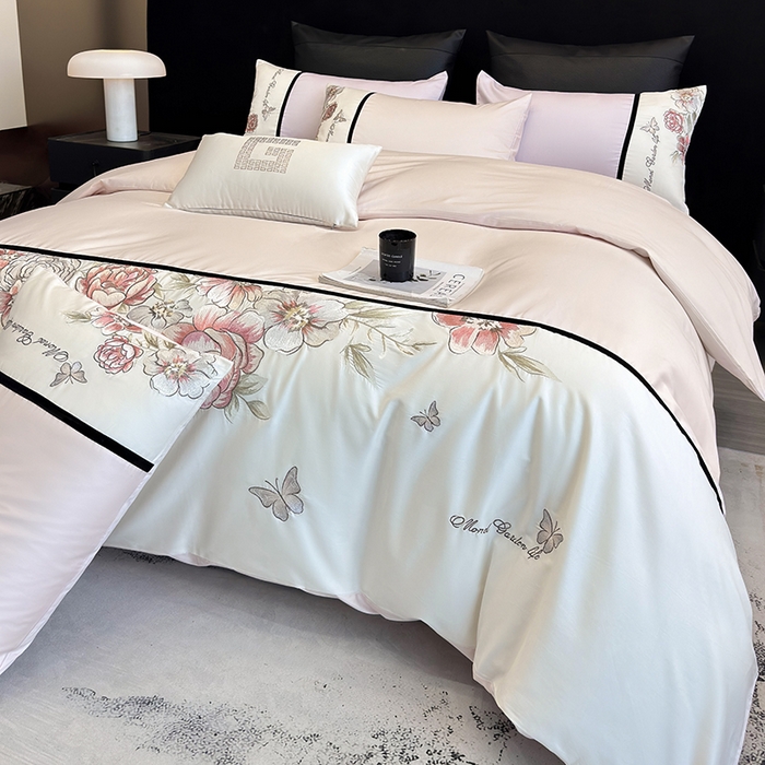 91家纺网 家纺一手货源 找家纺 优悦生活馆 2025新款亲肤新疆长绒棉四件套-花团锦簇风格二 花团锦簇-蜜糖粉