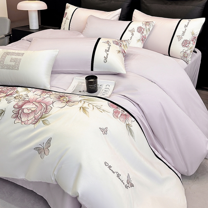 91家纺网 家纺一手货源 找家纺 优悦生活馆 2025新款亲肤新疆长绒棉四件套-花团锦簇风格二 花团锦簇-流沙紫