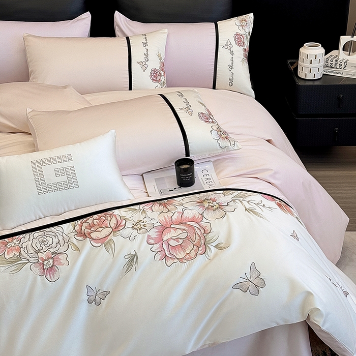 91家纺网 家纺一手货源 找家纺 优悦生活馆 2025新款亲肤新疆长绒棉四件套-花团锦簇风格二 花团锦簇-蜜糖粉