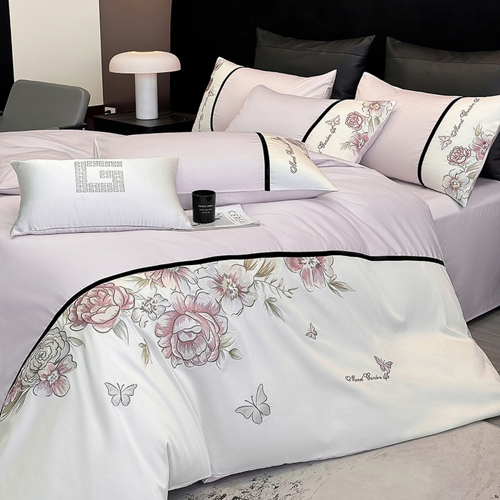 91家纺网 家纺一手货源 找家纺 优悦生活馆 2025新款亲肤新疆长绒棉四件套-花团锦簇风格二 花团锦簇-流沙紫