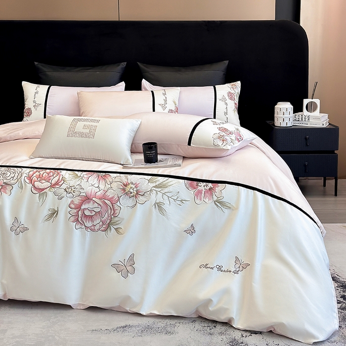 91家纺网 家纺一手货源 找家纺 优悦生活馆 2025新款亲肤新疆长绒棉四件套-花团锦簇风格二 花团锦簇-蜜糖粉