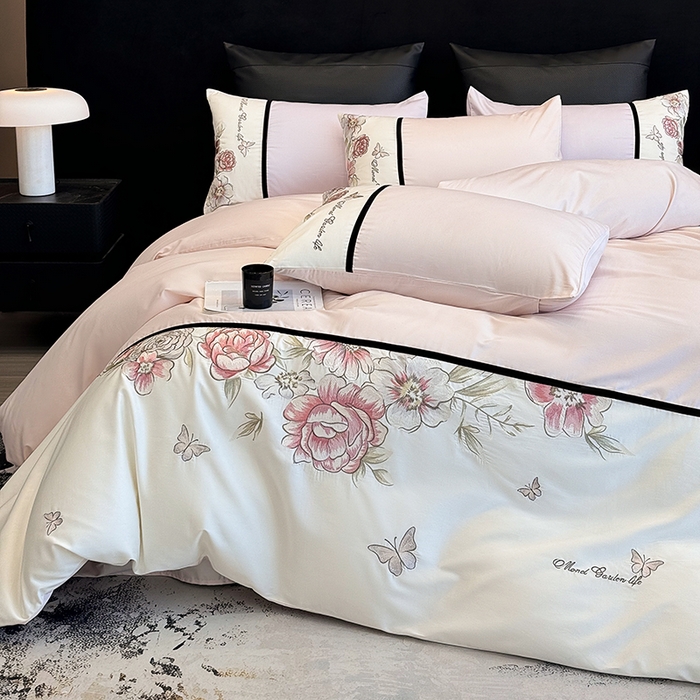 91家纺网 家纺一手货源 找家纺 优悦生活馆 2025新款亲肤新疆长绒棉四件套-花团锦簇风格二 花团锦簇-蜜糖粉