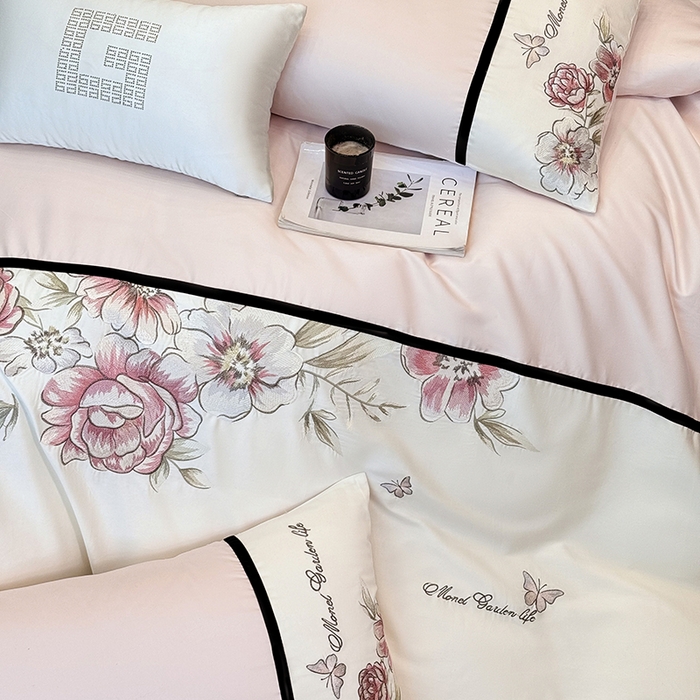 91家纺网 家纺一手货源 找家纺 优悦生活馆 2025新款亲肤新疆长绒棉四件套-花团锦簇风格二 花团锦簇-蜜糖粉