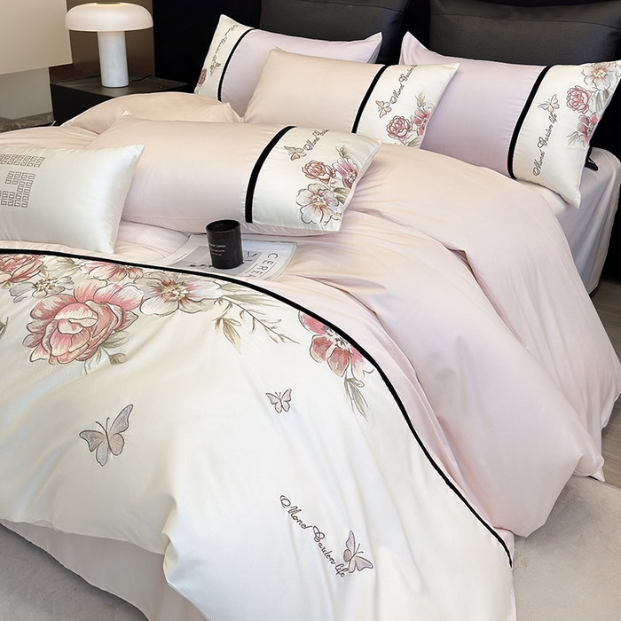 91家纺网 家纺一手货源 找家纺 优悦生活馆 2025新款亲肤新疆长绒棉四件套-花团锦簇风格二 花团锦簇-蜜糖粉