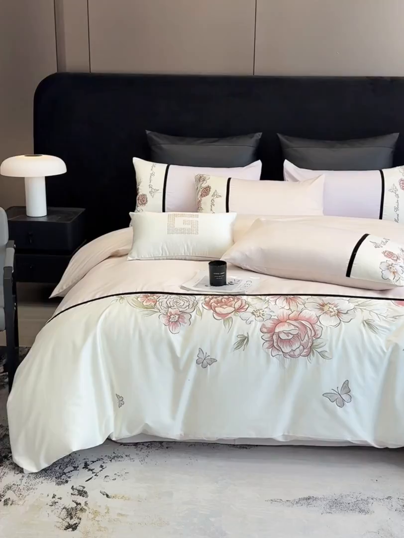 91家纺网 家纺一手货源 找家纺 优悦生活馆 2025新款亲肤新疆长绒棉四件套-花团锦簇风格二 花团锦簇-蜜糖粉