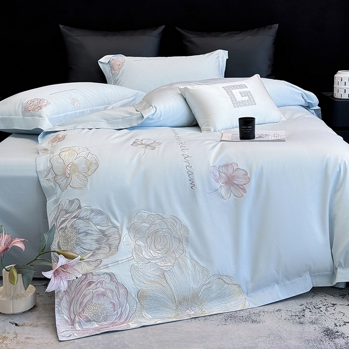 91家纺网 家纺一手货源 找家纺 优悦生活馆 2025新款亲肤新疆长绒棉四件套-梦想花园风格二 梦想花园-海峰蓝