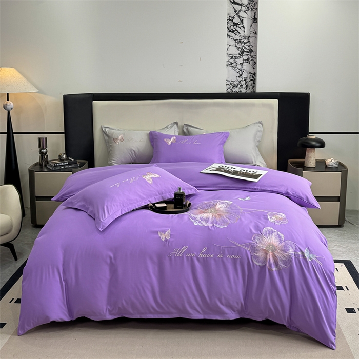 91家纺网 家纺一手货源 找家纺 （总）悦织湾家纺 90克磨毛刺绣纯色四件套2025新款轻奢韩版公主风精致床上用品绣花亲肤水洗棉4件套