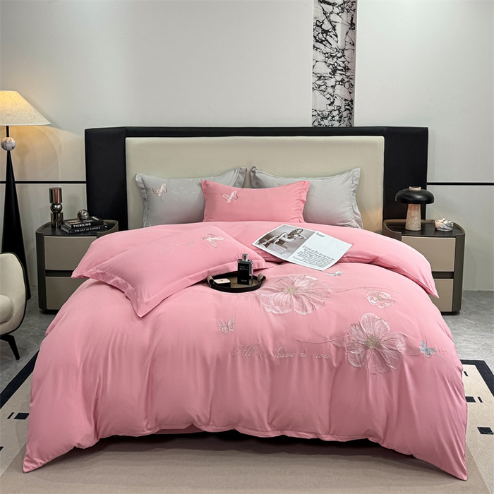 91家纺网 家纺一手货源 找家纺 （总）悦织湾家纺 90克磨毛刺绣纯色四件套2025新款轻奢韩版公主风精致床上用品绣花亲肤水洗棉4件套