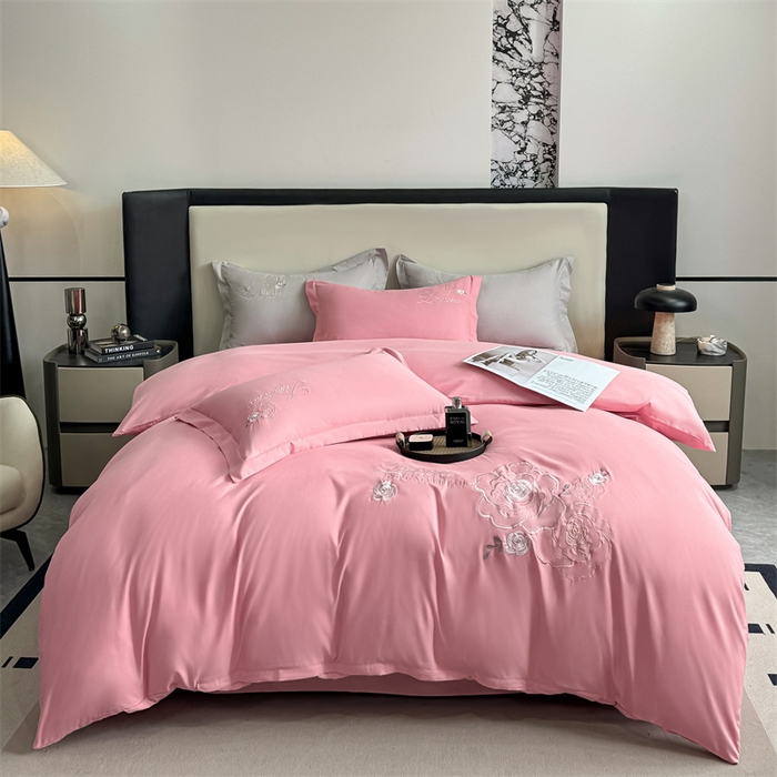 91家纺网 家纺一手货源 找家纺 （总）悦织湾家纺 90克磨毛刺绣纯色四件套2025新款轻奢韩版公主风精致床上用品绣花亲肤水洗棉4件套