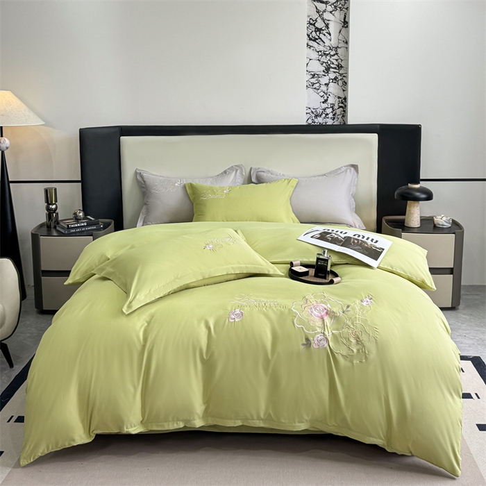 91家纺网 家纺一手货源 找家纺 （总）悦织湾家纺 90克磨毛刺绣纯色四件套2025新款轻奢韩版公主风精致床上用品绣花亲肤水洗棉4件套