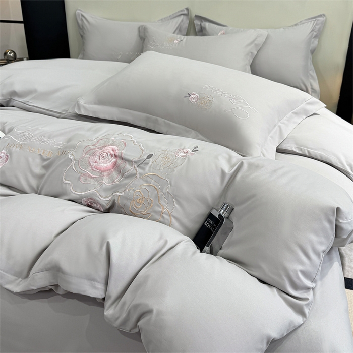 91家纺网 家纺一手货源 找家纺 悦织湾家纺 90克磨毛刺绣纯色四件套2025新款轻奢韩版公主风精致床上用品绣花亲肤水洗棉4件套 遇见-灰色