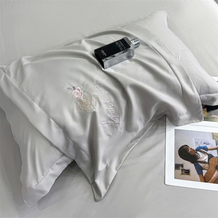 91家纺网 家纺一手货源 找家纺 悦织湾家纺 90克磨毛刺绣纯色四件套2025新款轻奢韩版公主风精致床上用品绣花亲肤水洗棉4件套 遇见-灰色