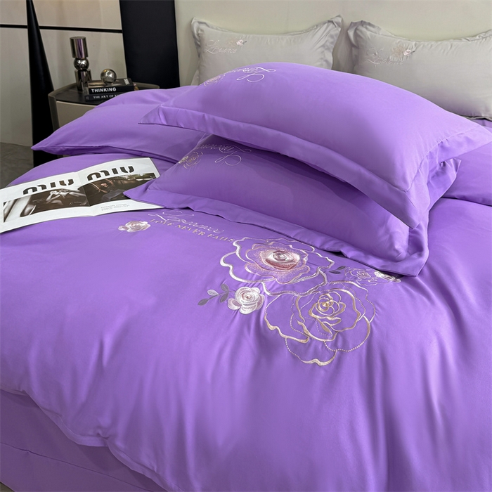 91家纺网 家纺一手货源 找家纺 悦织湾家纺 90克磨毛刺绣纯色四件套2025新款轻奢韩版公主风精致床上用品绣花亲肤水洗棉4件套 遇见-紫色