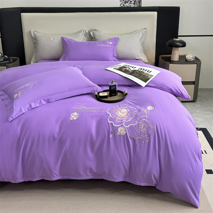 91家纺网 家纺一手货源 找家纺 悦织湾家纺 90克磨毛刺绣纯色四件套2025新款轻奢韩版公主风精致床上用品绣花亲肤水洗棉4件套 遇见-紫色