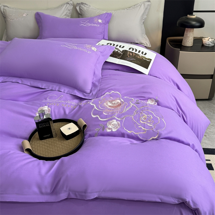 91家纺网 家纺一手货源 找家纺 悦织湾家纺 90克磨毛刺绣纯色四件套2025新款轻奢韩版公主风精致床上用品绣花亲肤水洗棉4件套 遇见-紫色