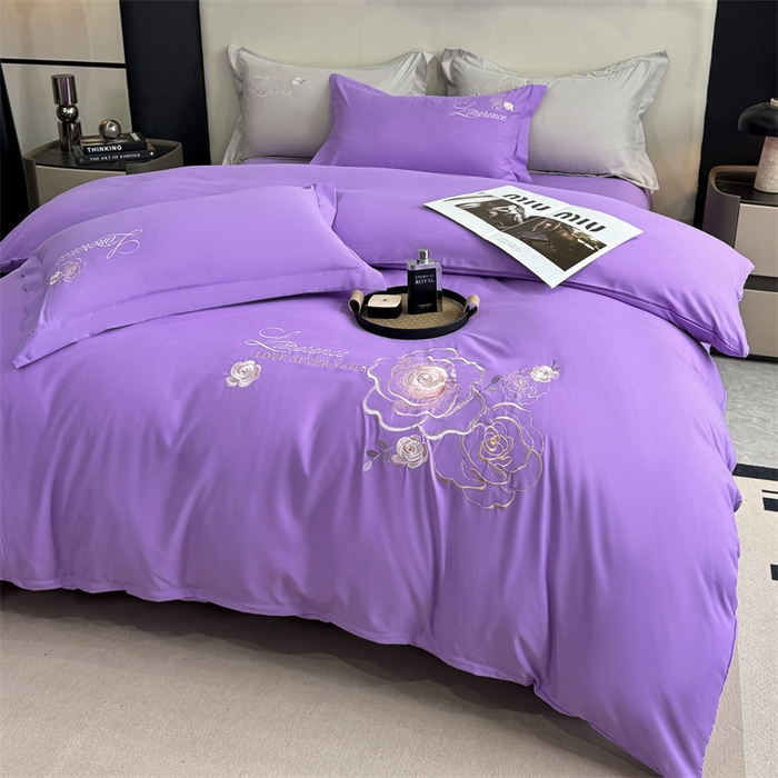 91家纺网 家纺一手货源 找家纺 悦织湾家纺 90克磨毛刺绣纯色四件套2025新款轻奢韩版公主风精致床上用品绣花亲肤水洗棉4件套 遇见-紫色
