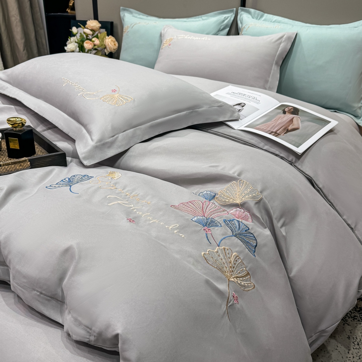 91家纺网 家纺一手货源 找家纺 （总）悦织湾家纺 90克磨毛刺绣纯色四件套2025新款轻奢韩版公主风精致床上用品绣花亲肤水洗棉4件套