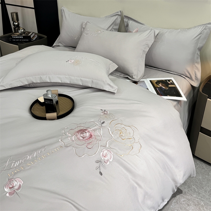 91家纺网 家纺一手货源 找家纺 悦织湾家纺 90克磨毛刺绣纯色四件套2025新款轻奢韩版公主风精致床上用品绣花亲肤水洗棉4件套 遇见-灰色