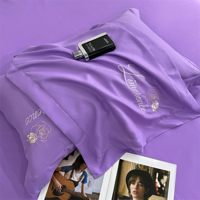 91家纺网 家纺一手货源 找家纺 悦织湾家纺 90克磨毛刺绣纯色四件套2025新款轻奢韩版公主风精致床上用品绣花亲肤水洗棉4件套 遇见-紫色