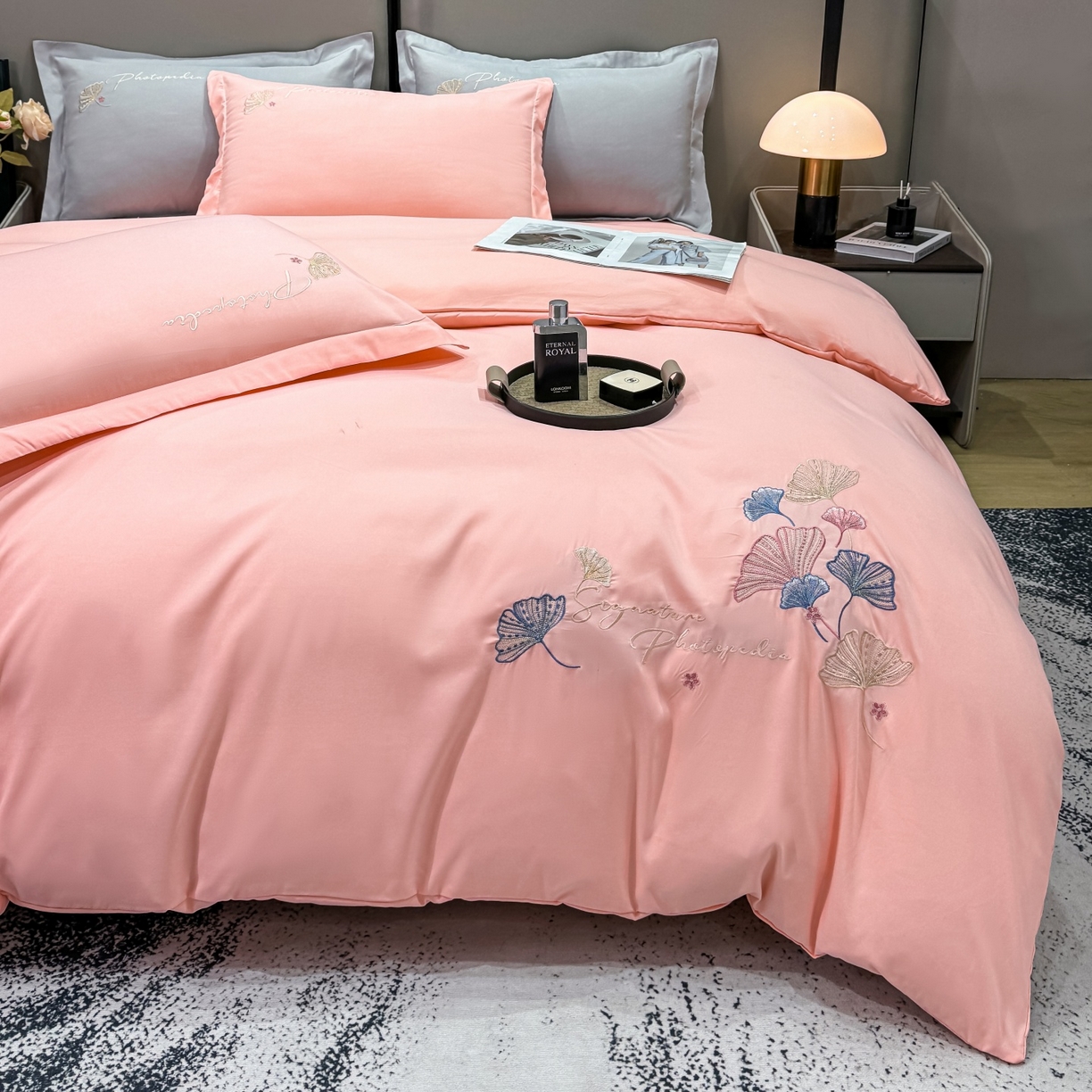 91家纺网 家纺一手货源 找家纺 悦织湾家纺 90克磨毛刺绣纯色四件套2025新款轻奢韩版公主风精致床上用品绣花亲肤水洗棉4件套 新银杏-玉色