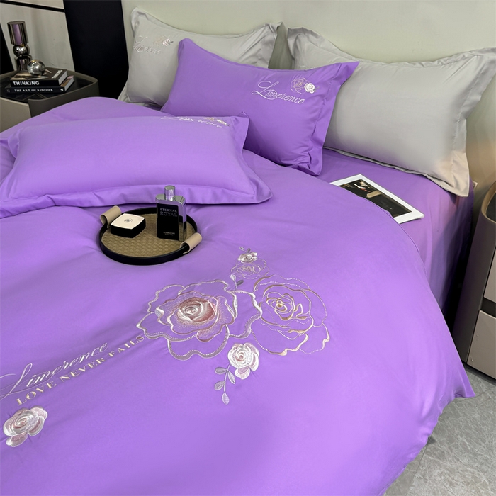 91家纺网 家纺一手货源 找家纺 悦织湾家纺 90克磨毛刺绣纯色四件套2025新款轻奢韩版公主风精致床上用品绣花亲肤水洗棉4件套 遇见-紫色