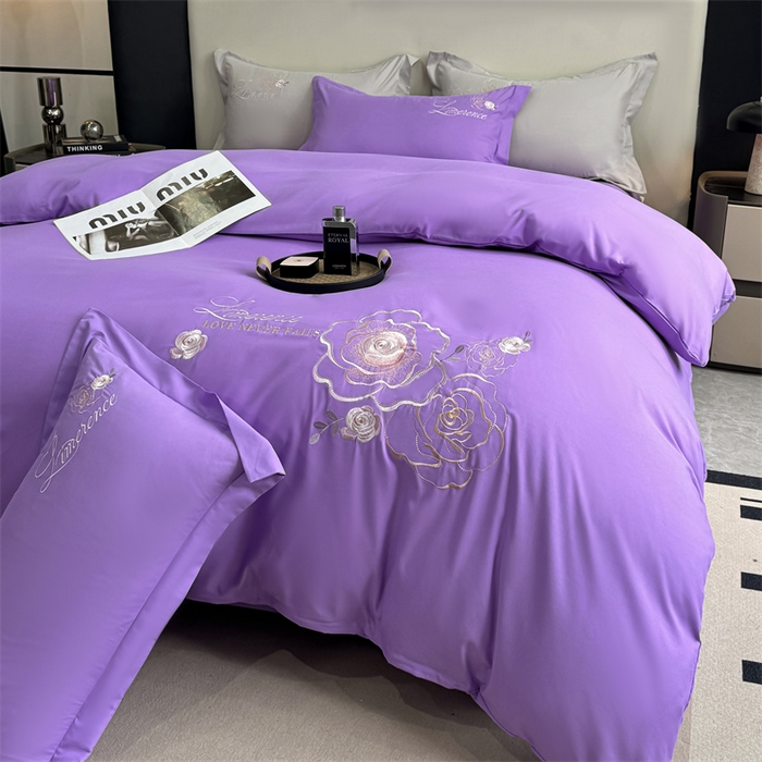 91家纺网 家纺一手货源 找家纺 悦织湾家纺 90克磨毛刺绣纯色四件套2025新款轻奢韩版公主风精致床上用品绣花亲肤水洗棉4件套 遇见-紫色