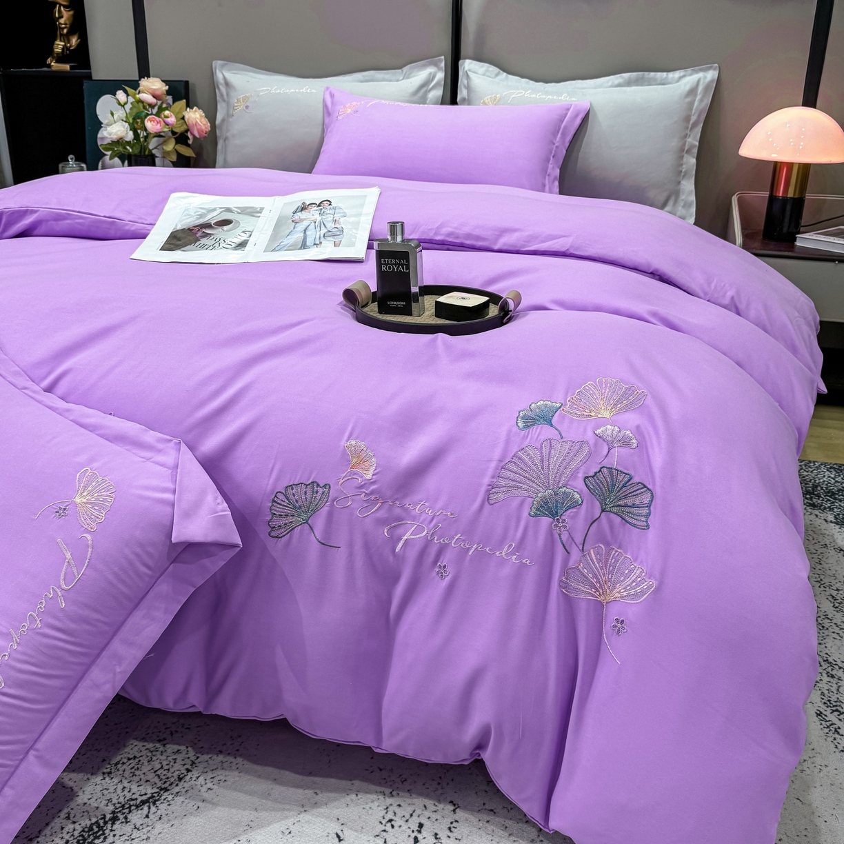 91家纺网 家纺一手货源 找家纺 悦织湾家纺 90克磨毛刺绣纯色四件套2025新款轻奢韩版公主风精致床上用品绣花亲肤水洗棉4件套 新银杏-紫色