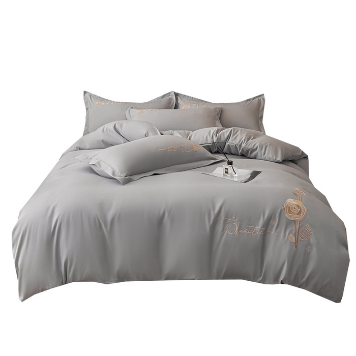 91家纺网 家纺一手货源 找家纺 悦织湾家纺 90克磨毛刺绣纯色四件套2025新款轻奢韩版公主风精致床上用品绣花亲肤水洗棉4件套 锐莎-浅灰