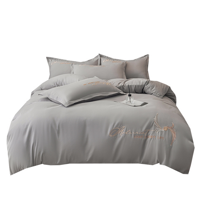 91家纺网 家纺一手货源 找家纺 悦织湾家纺 90克磨毛刺绣纯色四件套2025新款轻奢韩版公主风精致床上用品绣花亲肤水洗棉4件套 宽境-浅灰