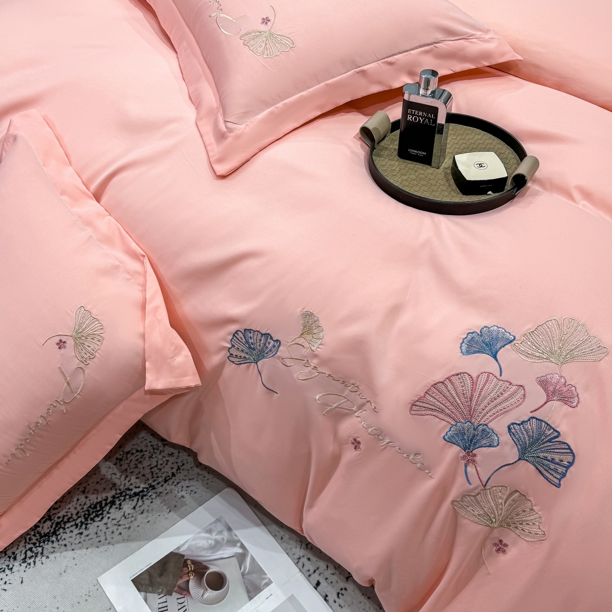 91家纺网 家纺一手货源 找家纺 悦织湾家纺 90克磨毛刺绣纯色四件套2025新款轻奢韩版公主风精致床上用品绣花亲肤水洗棉4件套 新银杏-玉色