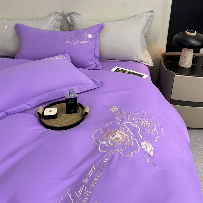 91家纺网 家纺一手货源 找家纺 悦织湾家纺 90克磨毛刺绣纯色四件套2025新款轻奢韩版公主风精致床上用品绣花亲肤水洗棉4件套 遇见-紫色