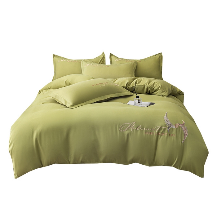 91家纺网 家纺一手货源 找家纺 悦织湾家纺 90克磨毛刺绣纯色四件套2025新款轻奢韩版公主风精致床上用品绣花亲肤水洗棉4件套 宽境-果绿