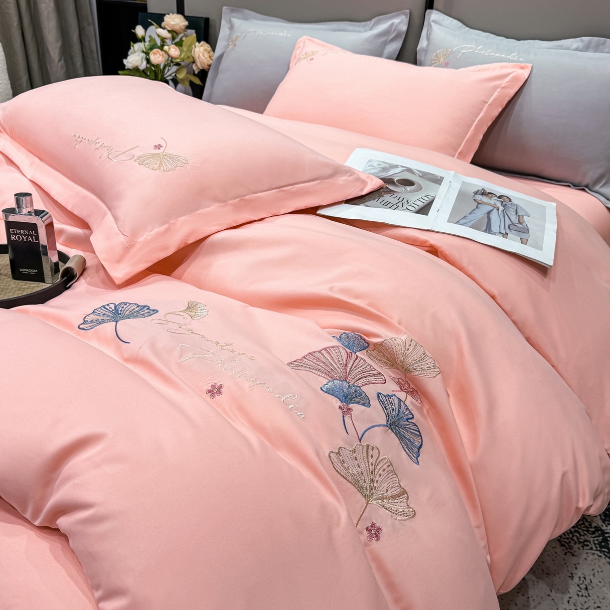 91家纺网 家纺一手货源 找家纺 悦织湾家纺 90克磨毛刺绣纯色四件套2025新款轻奢韩版公主风精致床上用品绣花亲肤水洗棉4件套 新银杏-玉色