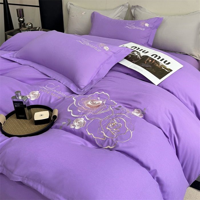 91家纺网 家纺一手货源 找家纺 悦织湾家纺 90克磨毛刺绣纯色四件套2025新款轻奢韩版公主风精致床上用品绣花亲肤水洗棉4件套 遇见-紫色