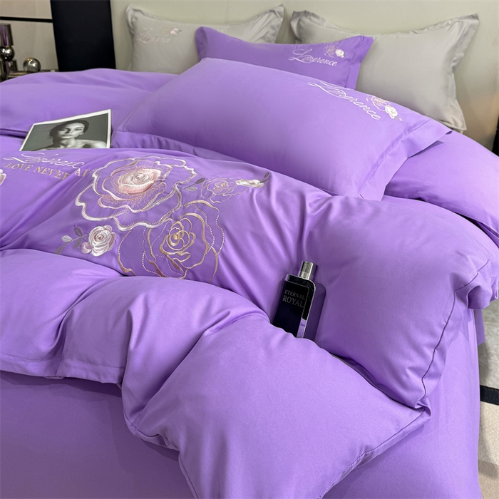 91家纺网 家纺一手货源 找家纺 悦织湾家纺 90克磨毛刺绣纯色四件套2025新款轻奢韩版公主风精致床上用品绣花亲肤水洗棉4件套 遇见-紫色