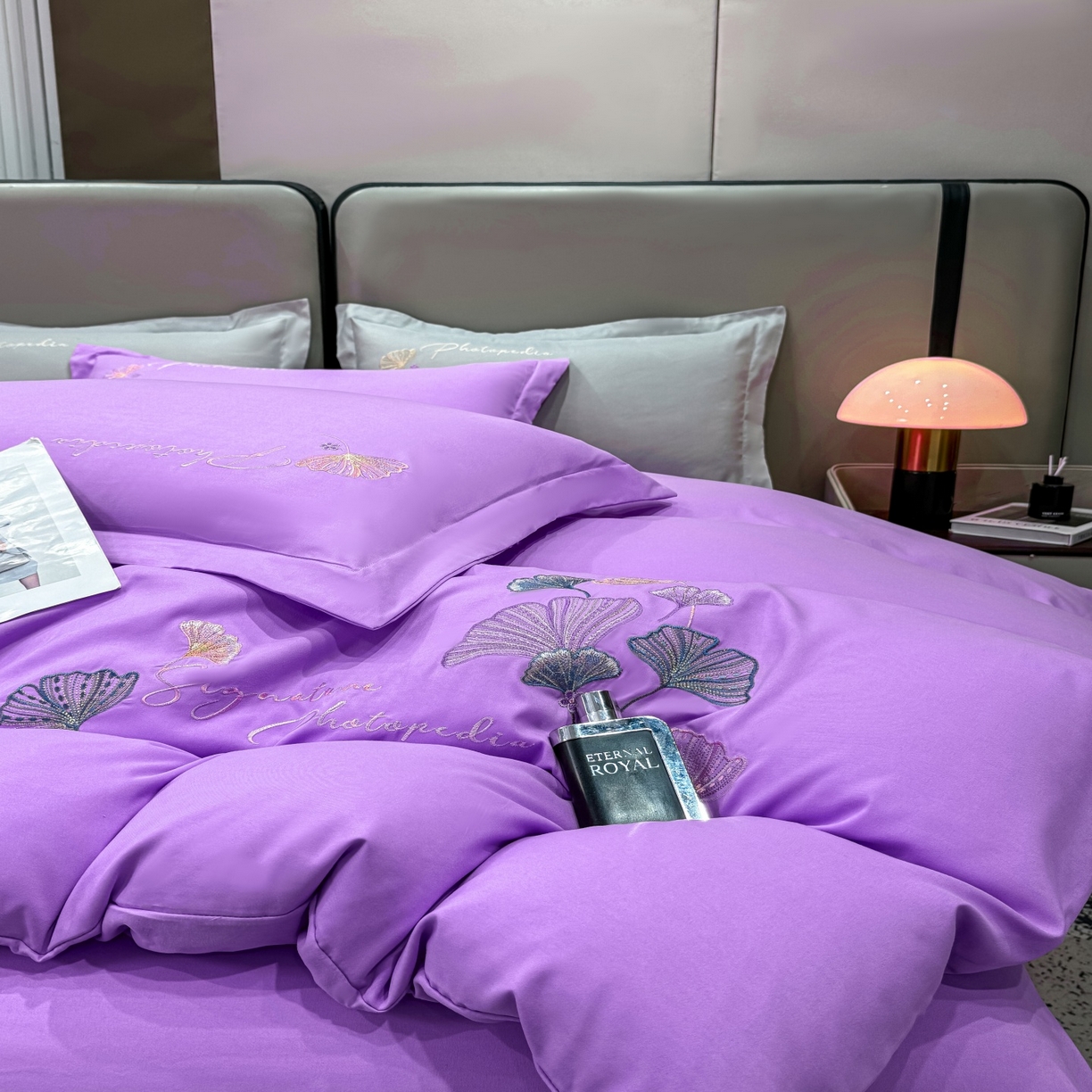 91家纺网 家纺一手货源 找家纺 悦织湾家纺 90克磨毛刺绣纯色四件套2025新款轻奢韩版公主风精致床上用品绣花亲肤水洗棉4件套 新银杏-紫色