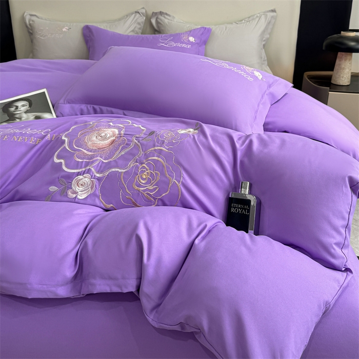 91家纺网 家纺一手货源 找家纺 悦织湾家纺 90克磨毛刺绣纯色四件套2025新款轻奢韩版公主风精致床上用品绣花亲肤水洗棉4件套 遇见-紫色