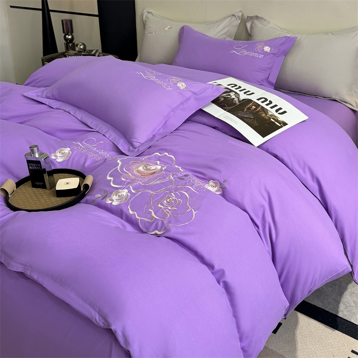 91家纺网 家纺一手货源 找家纺 悦织湾家纺 90克磨毛刺绣纯色四件套2025新款轻奢韩版公主风精致床上用品绣花亲肤水洗棉4件套 遇见-紫色