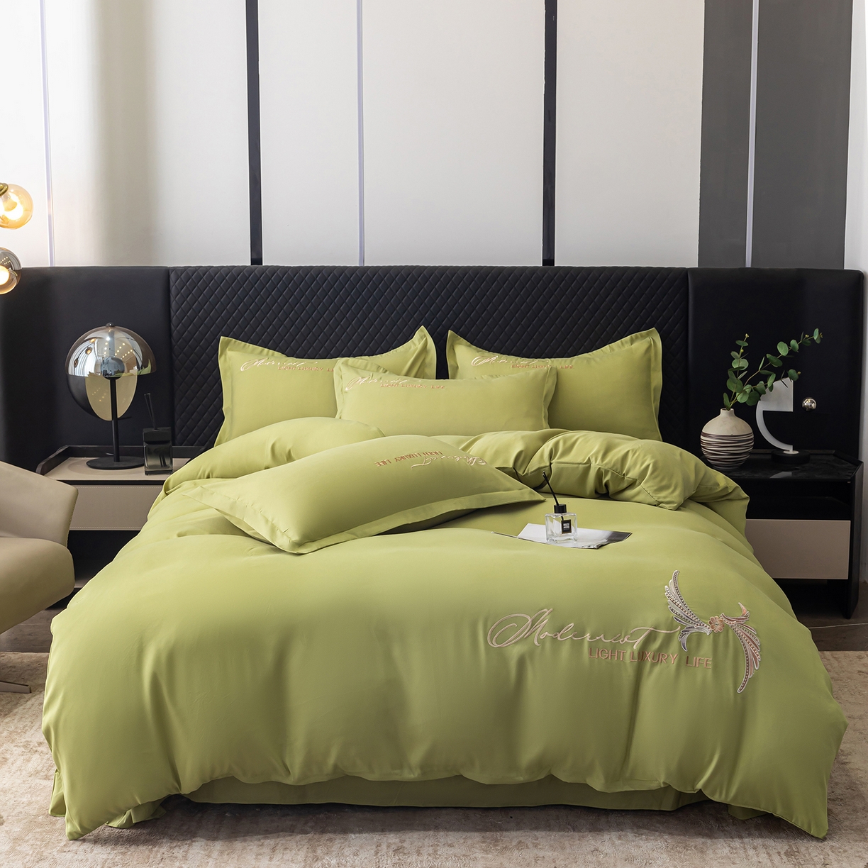 91家纺网 家纺一手货源 找家纺 （总）悦织湾家纺 90克磨毛刺绣纯色四件套2025新款轻奢韩版公主风精致床上用品绣花亲肤水洗棉4件套