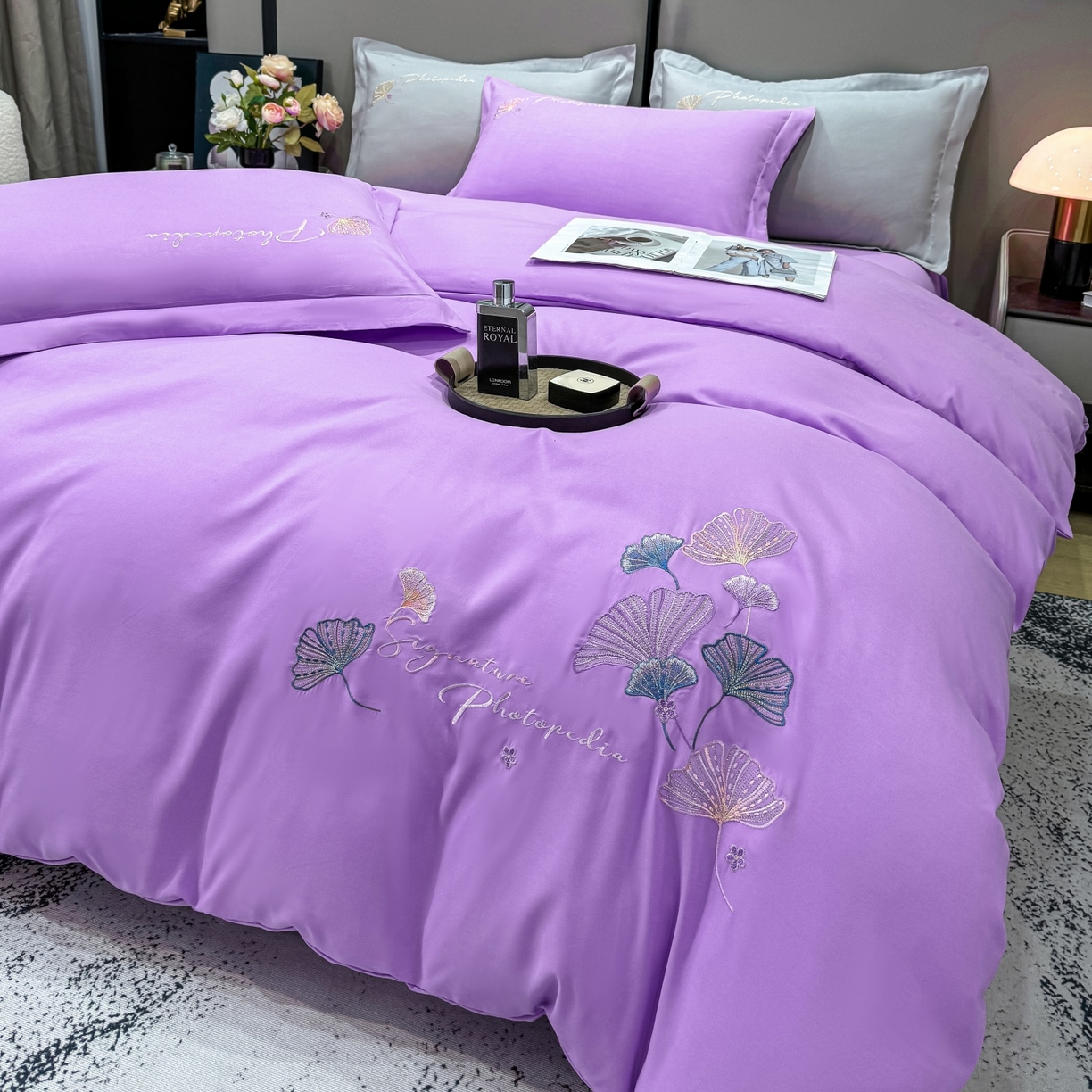 91家纺网 家纺一手货源 找家纺 悦织湾家纺 90克磨毛刺绣纯色四件套2025新款轻奢韩版公主风精致床上用品绣花亲肤水洗棉4件套 新银杏-紫色