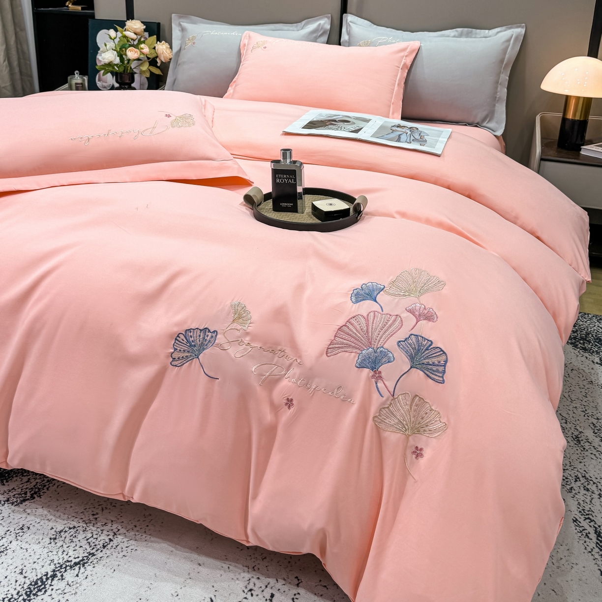 91家纺网 家纺一手货源 找家纺 悦织湾家纺 90克磨毛刺绣纯色四件套2025新款轻奢韩版公主风精致床上用品绣花亲肤水洗棉4件套 新银杏-玉色