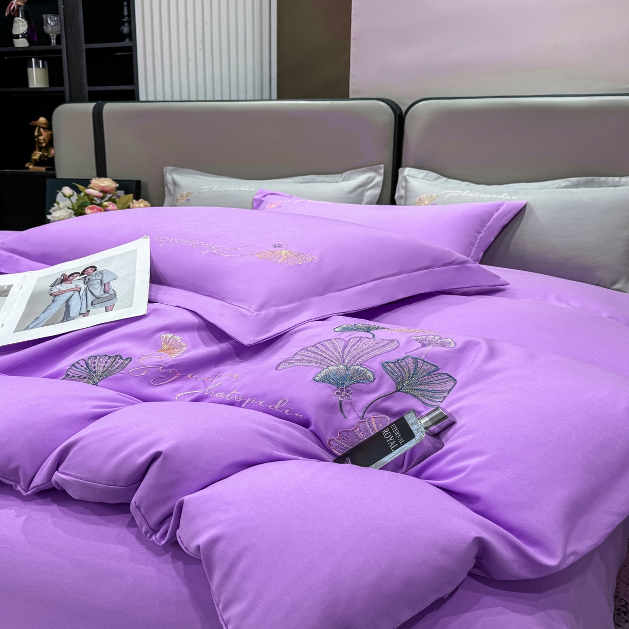 91家纺网 家纺一手货源 找家纺 悦织湾家纺 90克磨毛刺绣纯色四件套2025新款轻奢韩版公主风精致床上用品绣花亲肤水洗棉4件套 新银杏-紫色